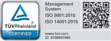 Certificado TÜV Rheinland — Sistema de Gestión ISO 9001:2015 e ISO 14001:2015